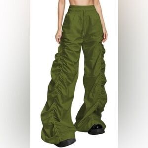 Green Fashion Pants Casual Loose Elastic Waist Pants Long Adjustable Wide Leg